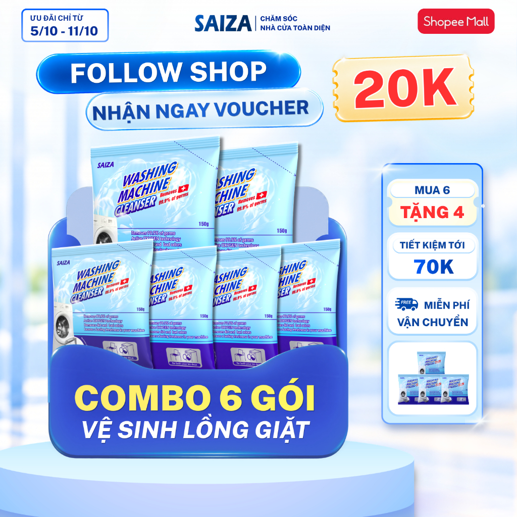 Combo 10 gói bột vệ sinh lồng máy giặt SAIZA gói tẩy lồng giặt làm sạch kháng…
