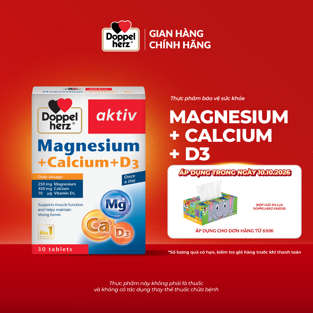 Viên uống bổ sung Canxi phòng ngừa loãng xương Doppelherz Magnesium + Calcium + D3 (Hộp 30 viên)