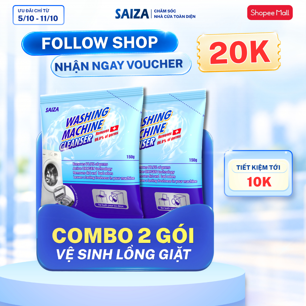 Bột vệ sinh lồng máy giặt SAIZA – Combo 2 gói, tẩy lồng giặt, diệt khuẩn, khử…