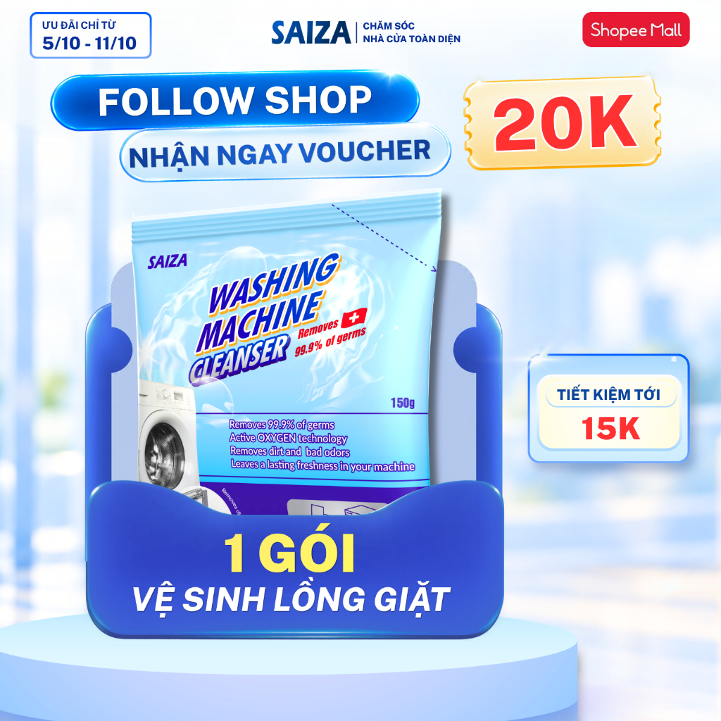 Bột vệ sinh lồng máy giặt SAIZA – Khử mùi hôi tẩy sạch cặn diệt khuẩn, dùng cho cả máy cửa ngang/dọc