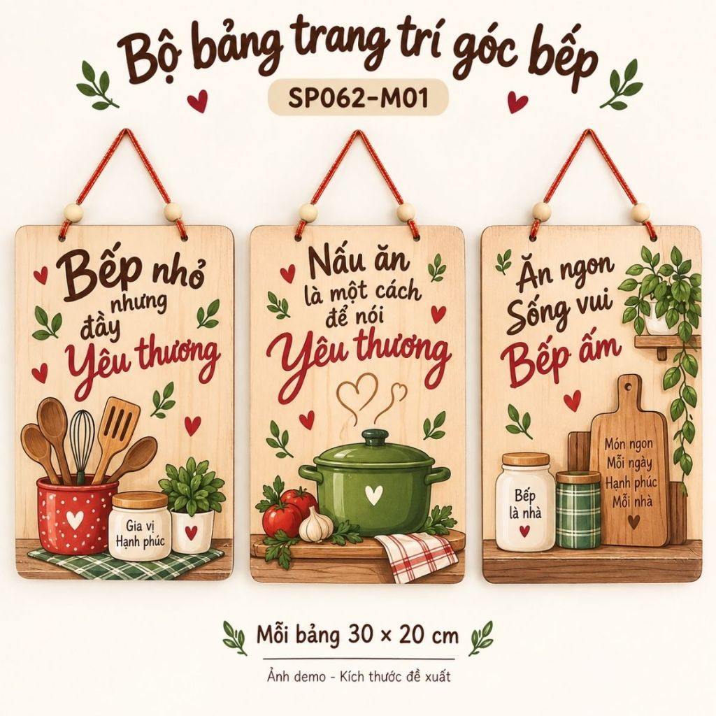 Bộ 3 bảng gỗ trang trí góc bếp — ảnh listing minh họa