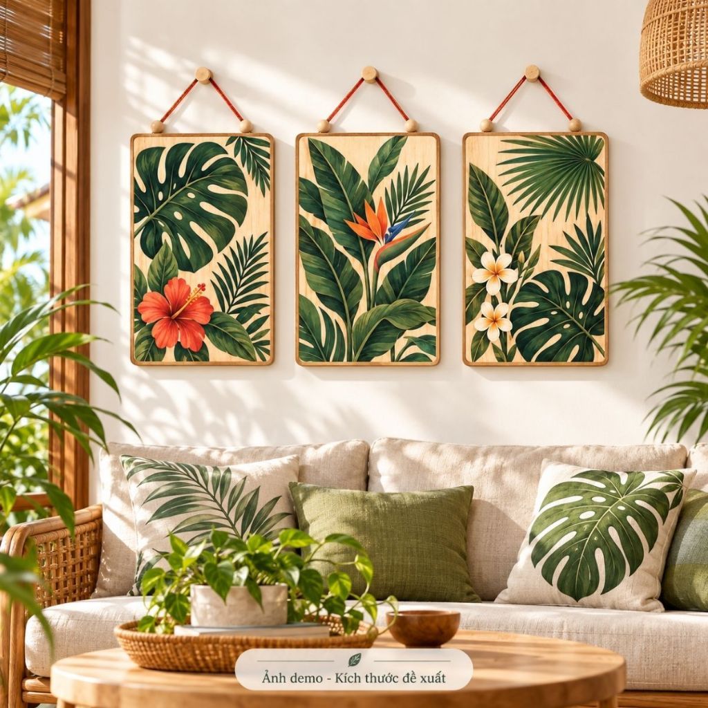 Bộ 3 tranh gỗ hoa lá treo tường — ảnh listing minh họa