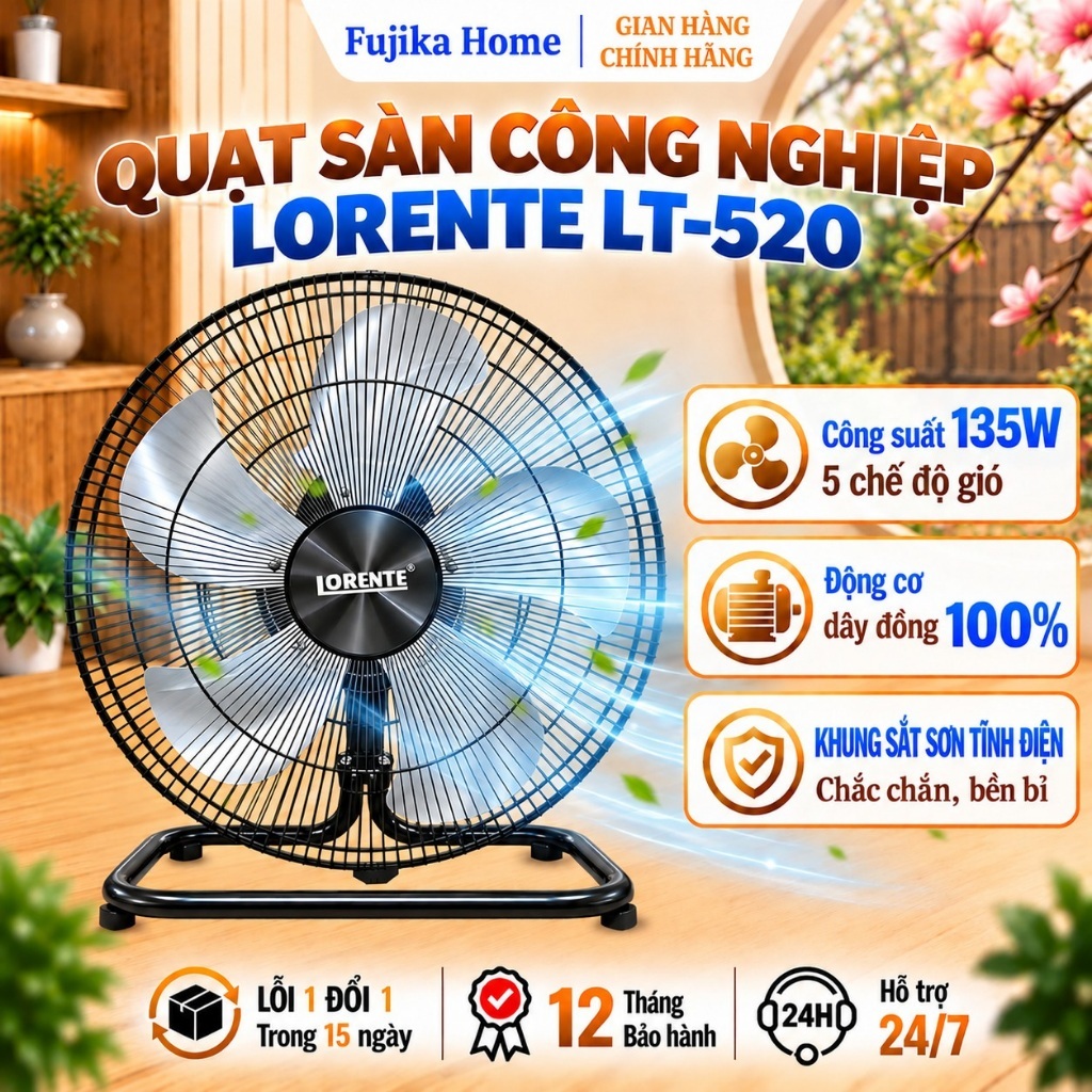 Quạt sàn công nghiệp Lorente LT-520 công suất 135W, Động cơ Motor dây đồng…