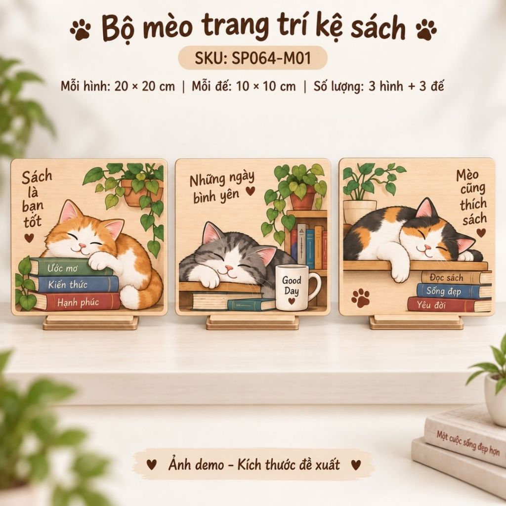 Bộ 3 Mô Hình Gỗ Trang Trí Kệ Sách 20x20cm Kèm Chân Đế — ảnh listing minh họa