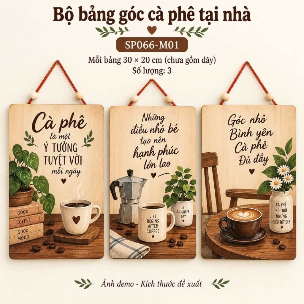 Bộ 3 bảng gỗ trang trí góc cà phê — ảnh listing minh họa