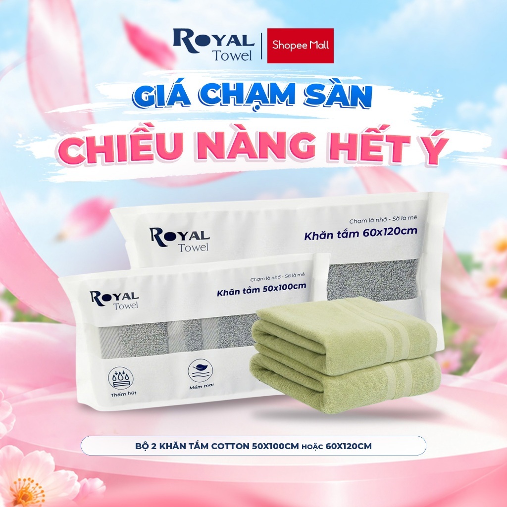 Bộ 2 Khăn Tắm Royal Towel 50x100cm Hoặc 60x120cm Sợi Cotton Mềm Mịn, Thấm Hút…