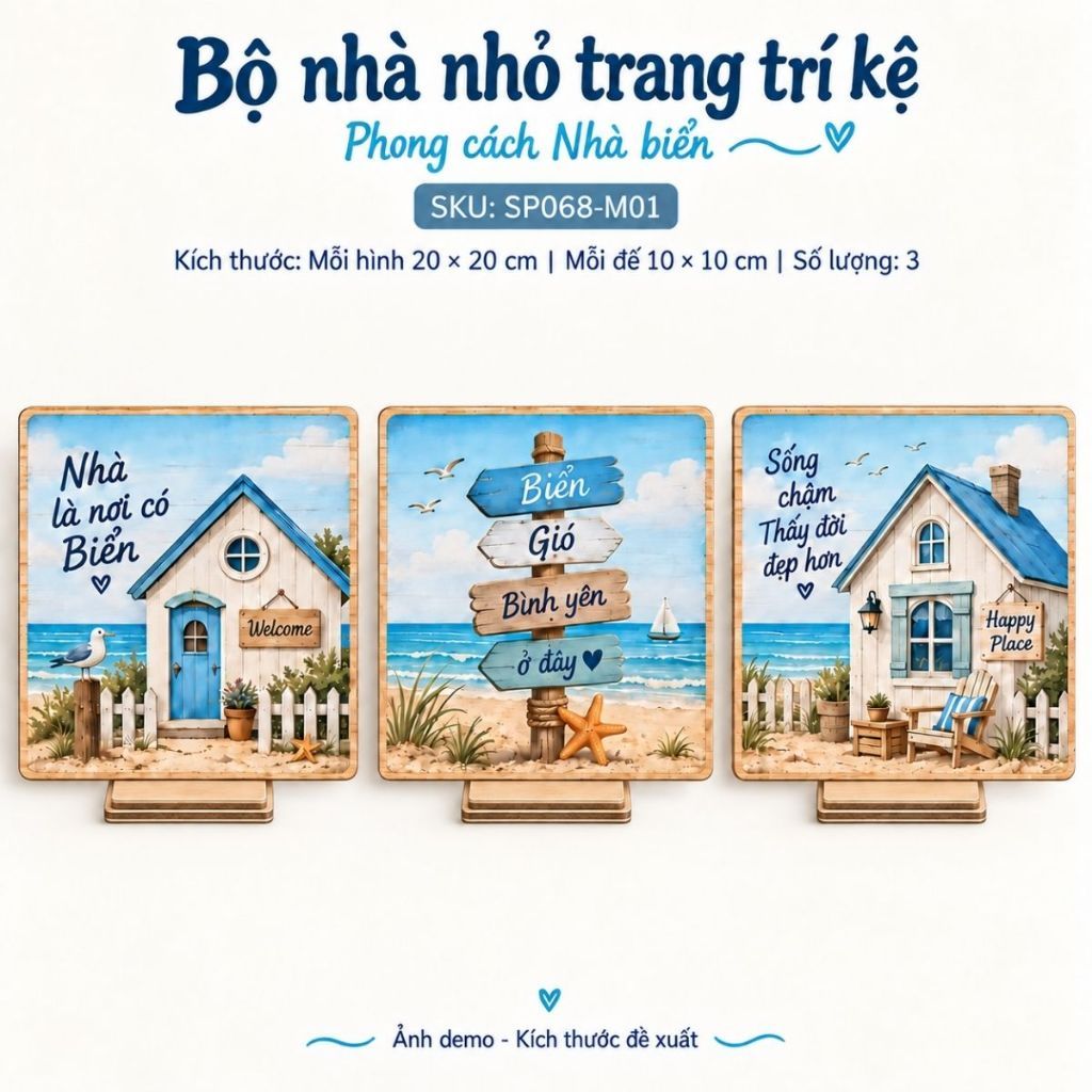 Bộ 3 mô hình nhà gỗ nhỏ trang trí kệ — ảnh listing minh họa