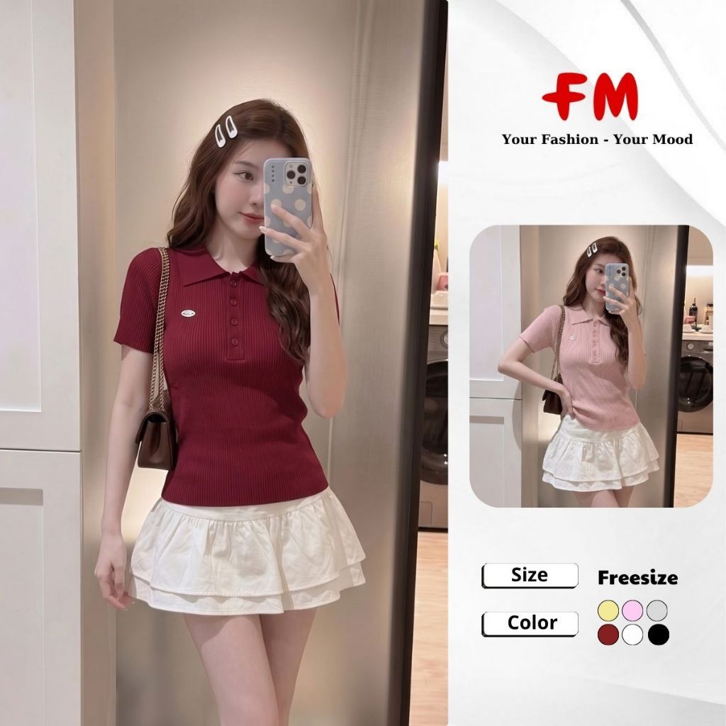 FMSTYLE Áo Dệt Kim Tay Ngắn cổ bẻ 4 nút logo nơ Freesize Đủ Màu Siêu Xinh 26100310