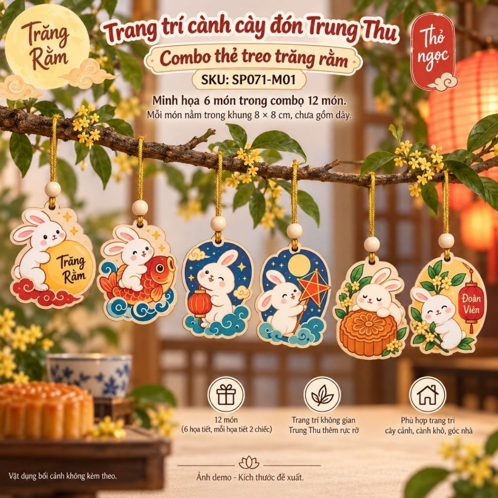 Bộ 12 thẻ gỗ treo trăng rằm trang trí Trung Thu — ảnh listing minh họa