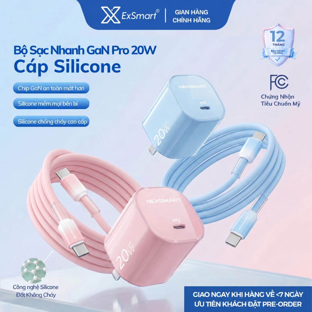 Bộ Sạc Nhanh 20W/30W Nexsmart GaN Pro Dây Sạc Silicone Mềm Như Lụa Đốt Không…