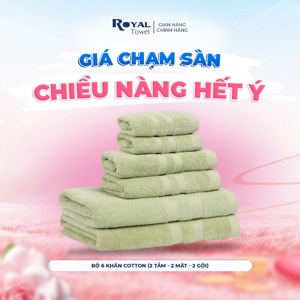 Bộ 6 Khăn Tắm Gội Mặt Royal Towel - 2 Mặt, 2 Gội, 2 Tắm 60x120cm Sợi Cotton Mềm Mịn, Thấm Hút Tốt, Không Xổ Lông