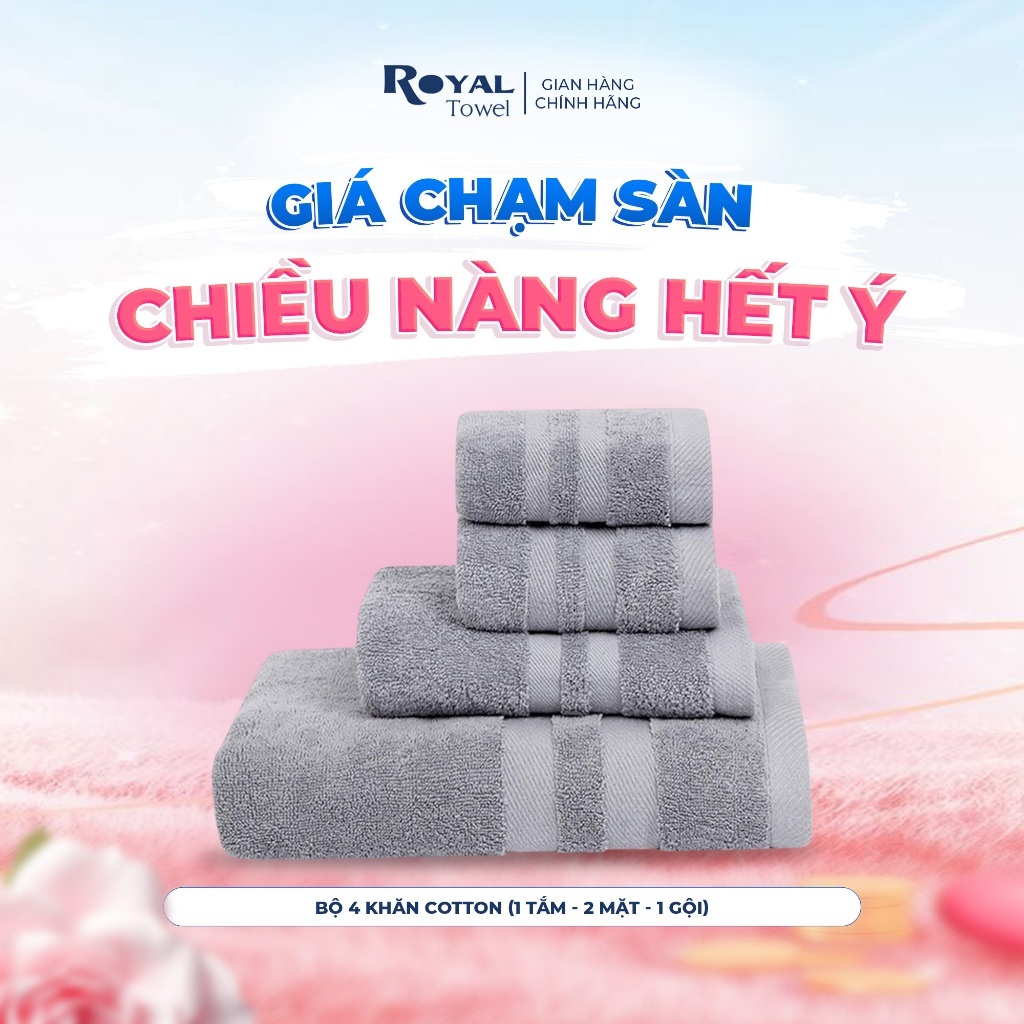 Bộ 4 Khăn Gồm 2 Mặt, 1 Gội, 1 Tắm 60x120cm Royal Towel Sợi Cotton Mềm Mịn, Thấm Hút Tốt, Không Xổ Lông, Không Phai Màu