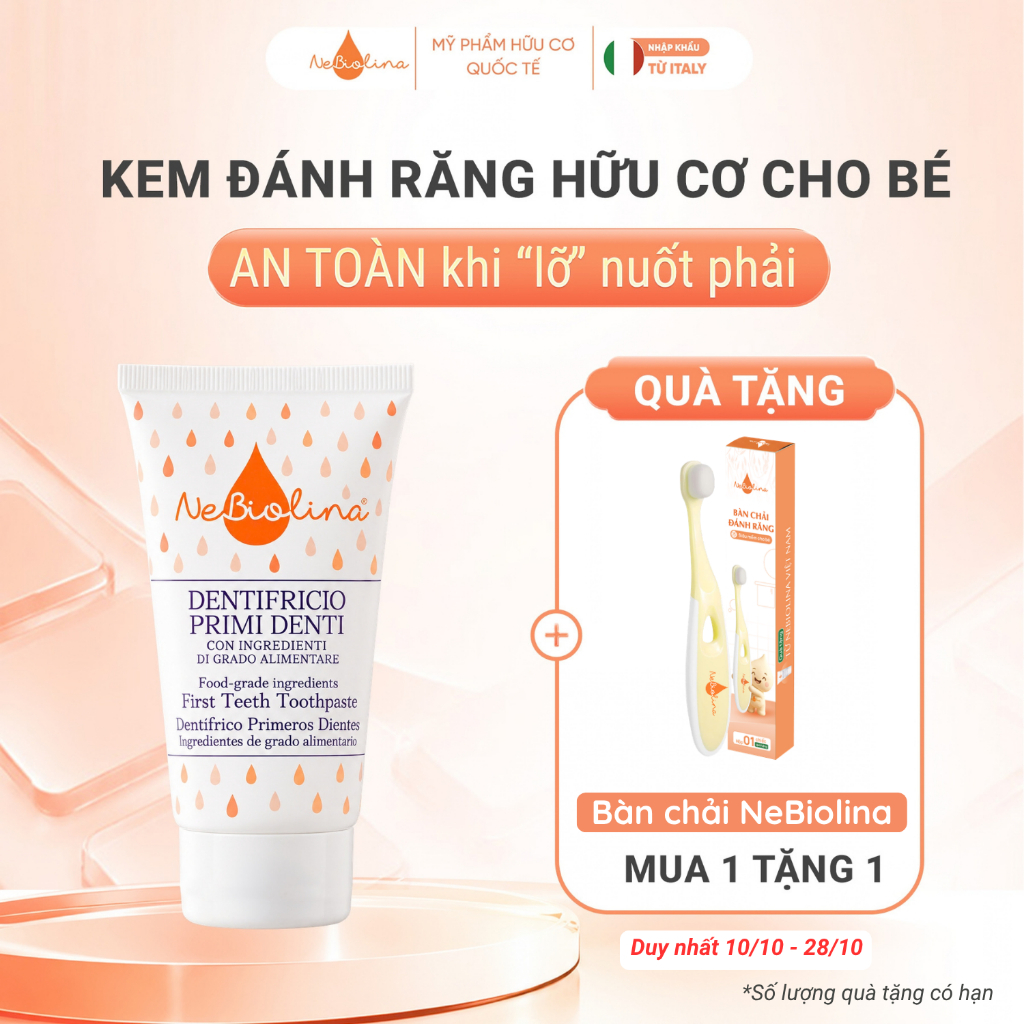 Kem đánh răng cho bé chiết xuất Yến mạch hữu cơ NeBiolina nuốt được 50g
