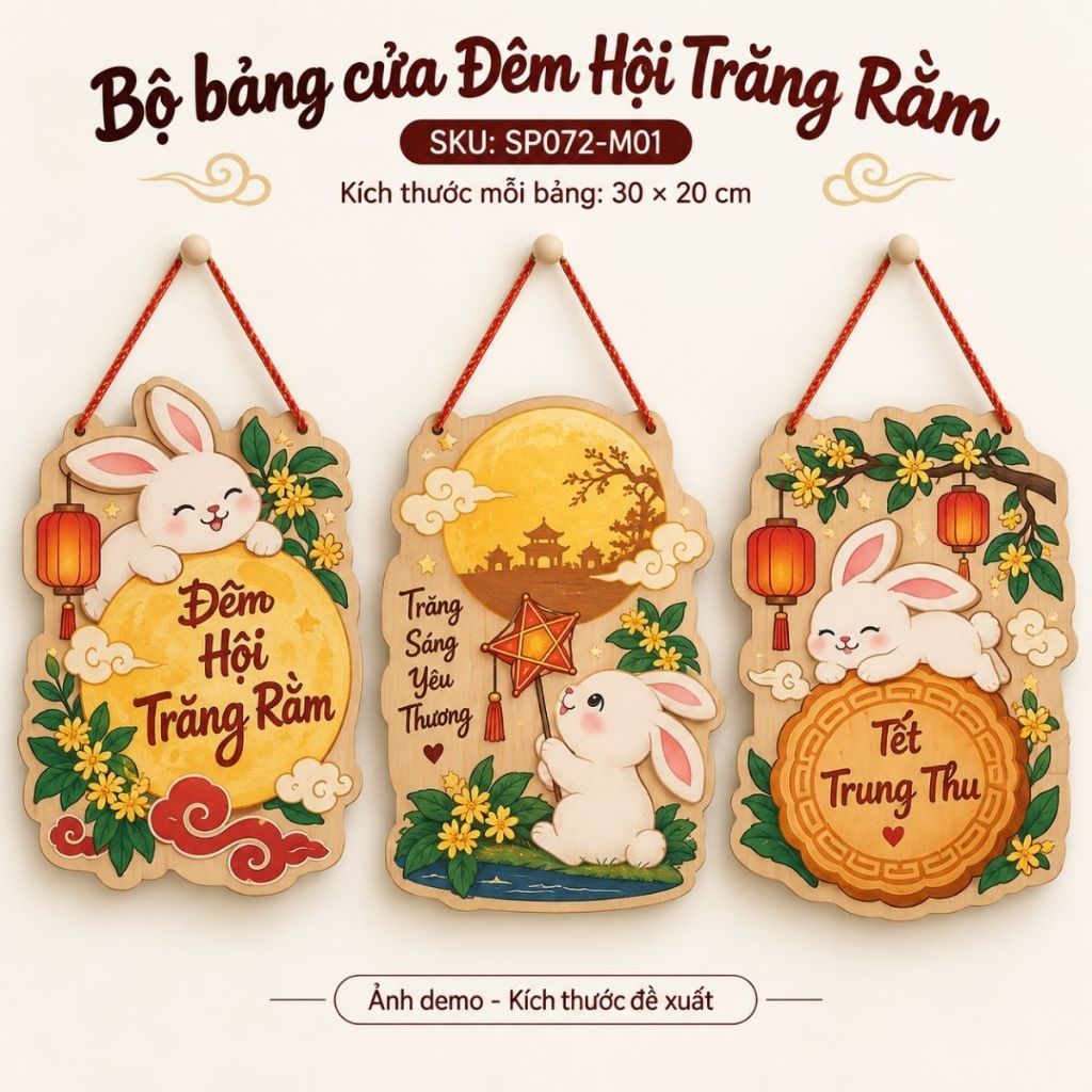 Bộ 3 bảng gỗ Đêm Hội Trăng Rằm treo cửa — ảnh listing minh họa
