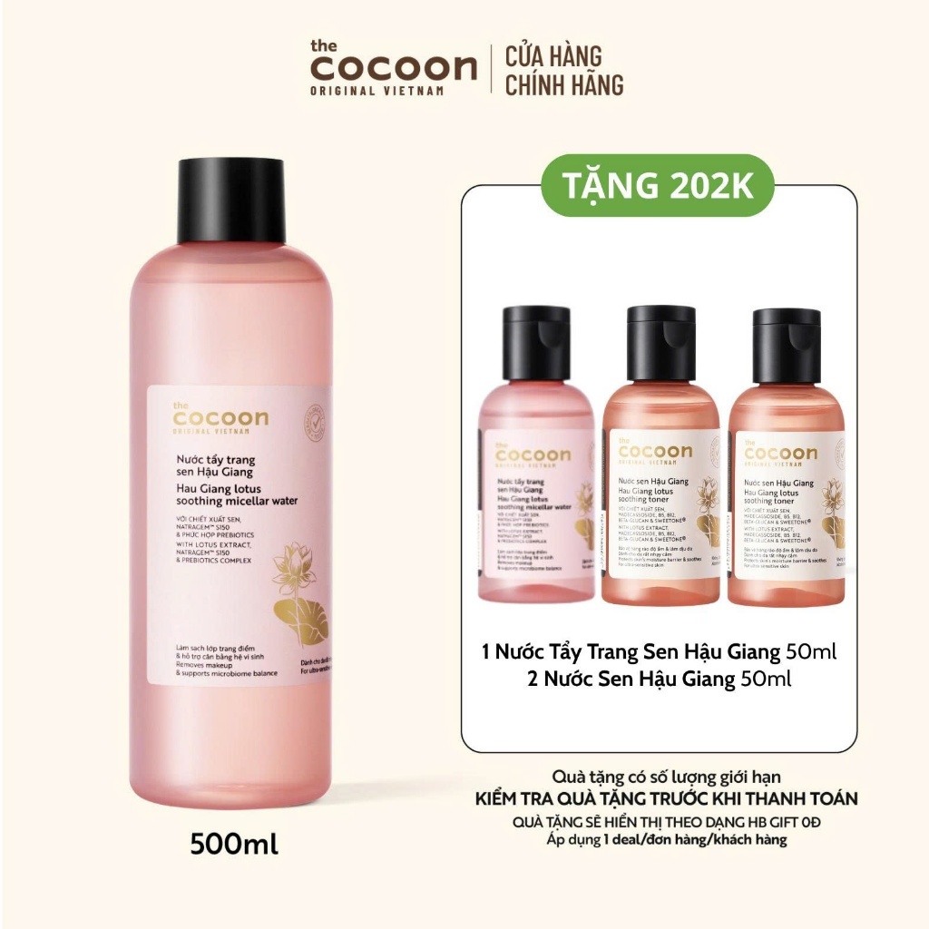 Bigsize - Nước Tẩy Trang Sen Hậu Giang Sạch Bụi Siêu Mịn PM1.0, Có Prebiotics Dịu Êm Cho Da Rất Nhạy Cảm Cocoon 500ml