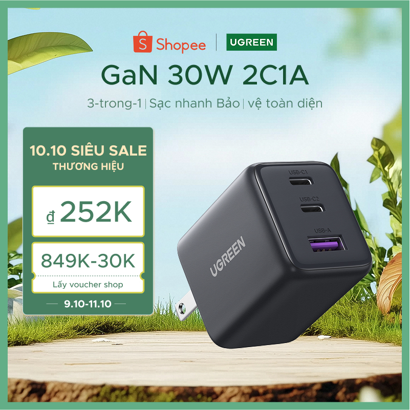 Bộ sạc USB C UGREEN 30W Nexode GaN PPS Khối sạc tường nhanh gọn Bộ chuyển đổi nguồn USB-C cho Galaxy S25 S24 Ultra