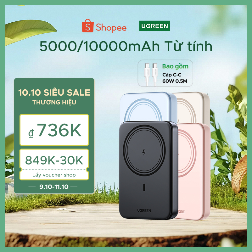 【Tặng Cáp Miễn Phí】Sạc dự phòng không dây Ugreen 10000mAh | Sạc đồng thơi 2 thiết bị | Pin Li-on | Bảo hành 18 tháng