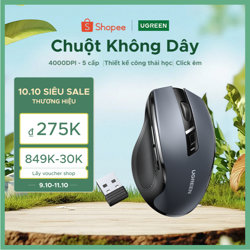 UGREEN Chuột không dây Bluetooth 5.0+2.4G 4000DPI| đa chế độ,  nút im lặng, Mouse 90855 Đen