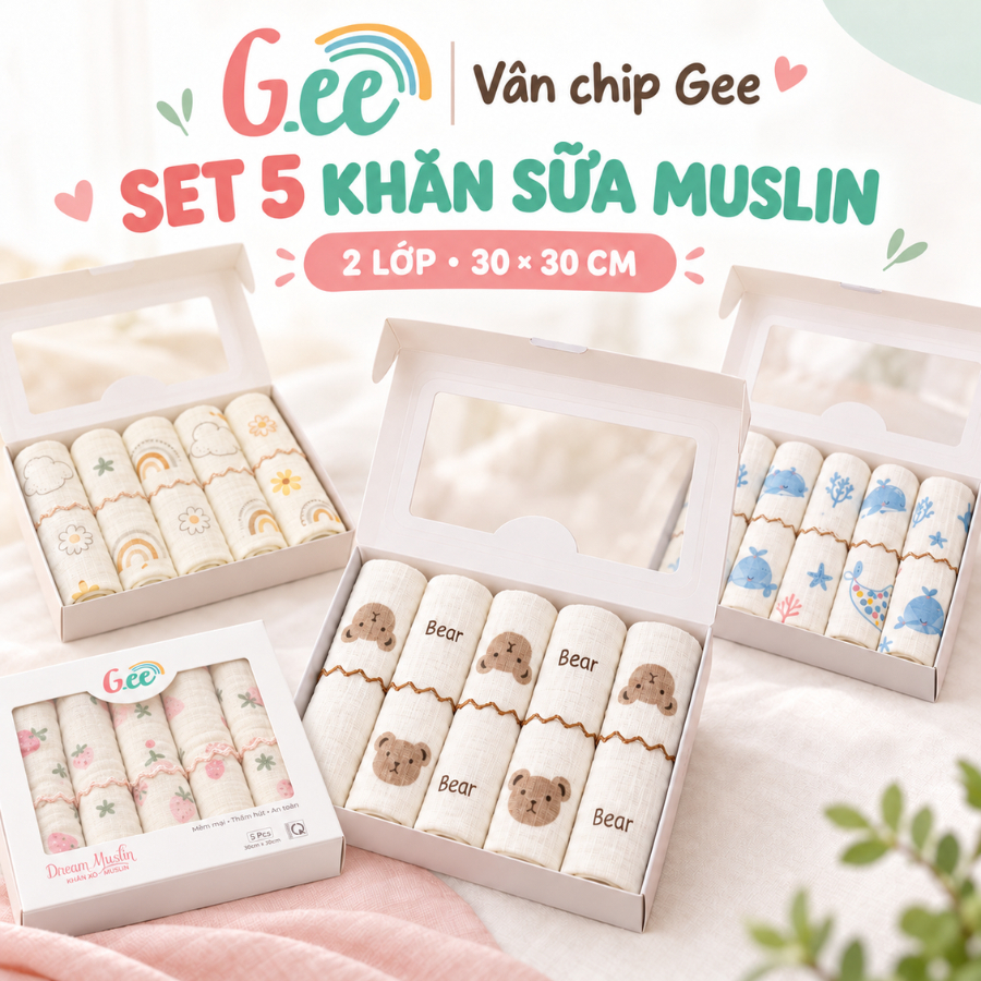 Set 5 khăn sữa Muslin 2 lớp Gee (30x30), khăn cho bé sơ sinh mềm mịn, thấm hút và không bụi vải