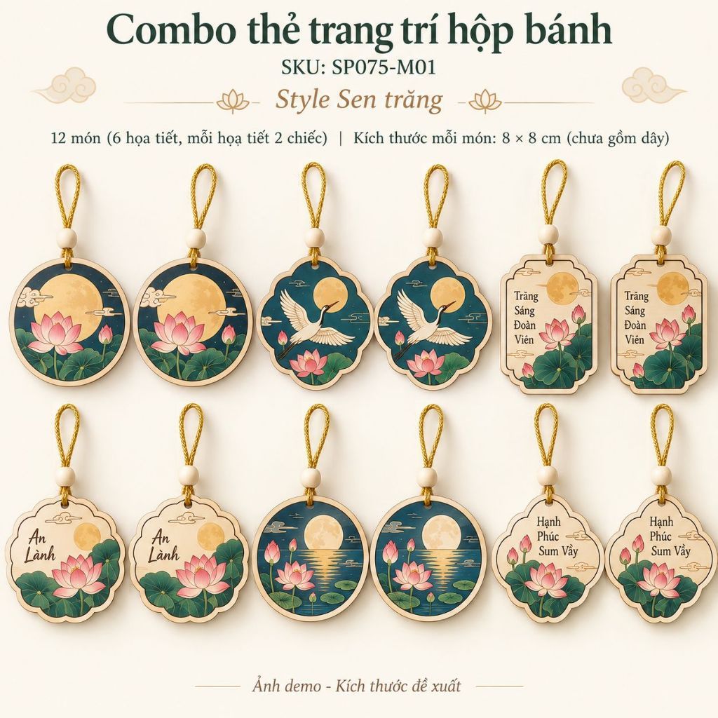 Bộ 12 thẻ gỗ trang trí hộp bánh Trung Thu — ảnh listing minh họa