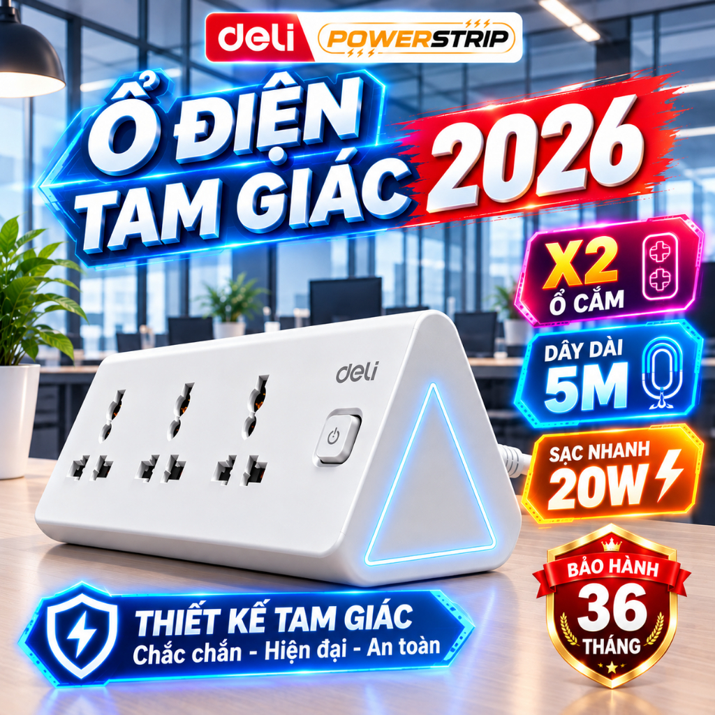 Ổ Điện Đa Năng Deli, Ổ Cắm Tam Giác Tích Hợp USB và TypeC, Cổng Sạc Nhanh PD…