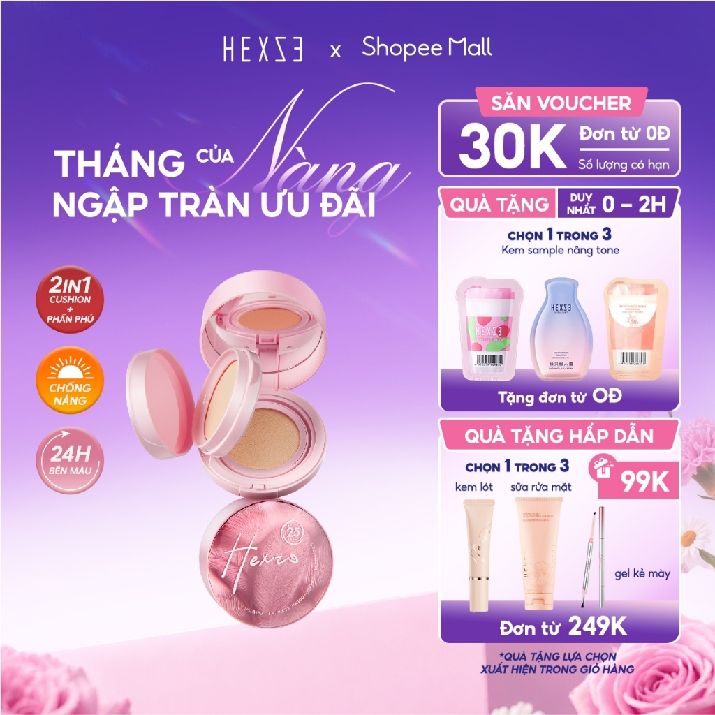 Cushion hỗ trợ chống nắng kèm phấn phủ 2in1 HEXZE Spf25 PA+++, nâng tone tự nhiên cố định lớp makeup hoàn hảo