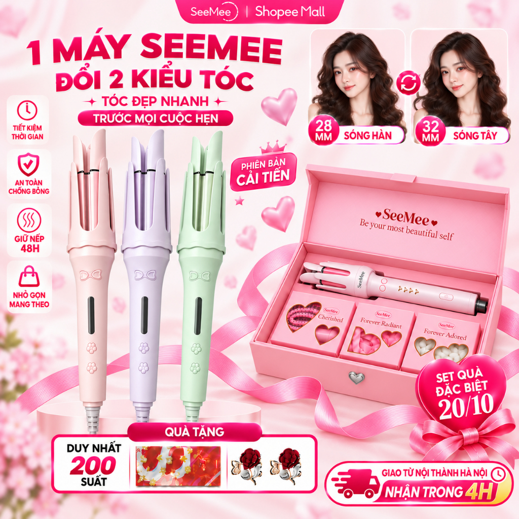 [GIÁ 299K TẠI LIVE SHOP]Máy uốn tóc tự động SeeMee tạo 2 kiểu xoăn trục 28mm 32mm giữ nếp 48h quà tặng bạn gái 20/10,LIS