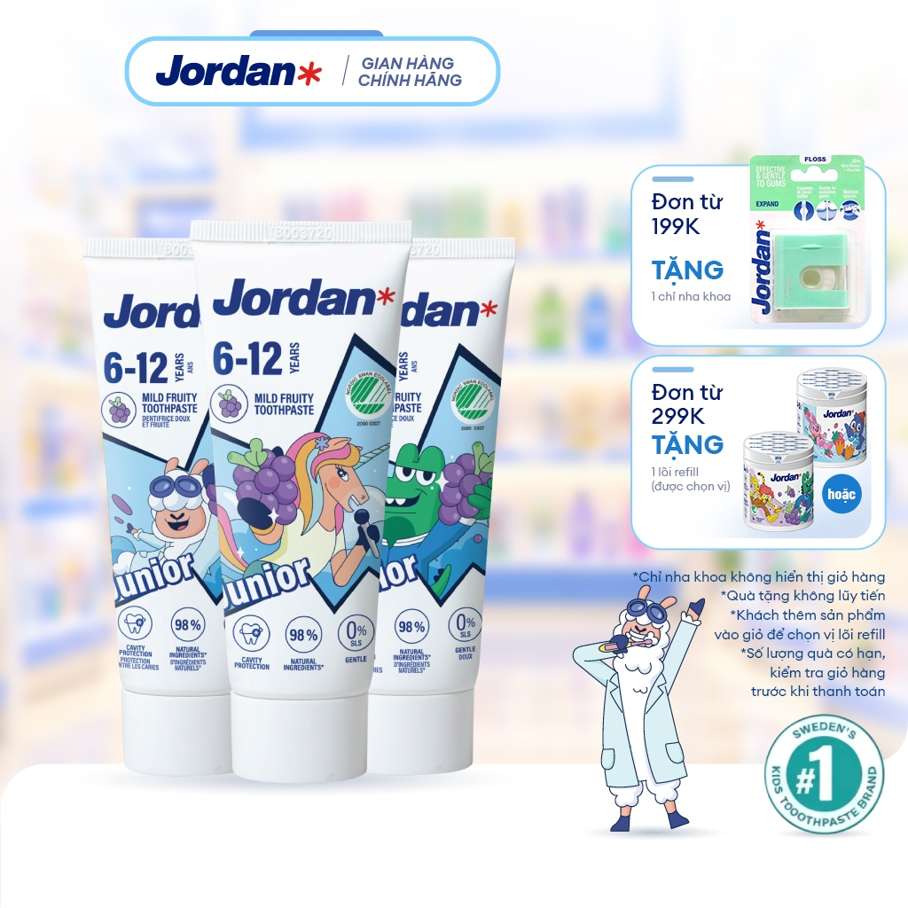 Combo 3 Kem đánh răng Jordan cho trẻ em vị nho bước 2 cho bé 6-12 tuổi, xuất…