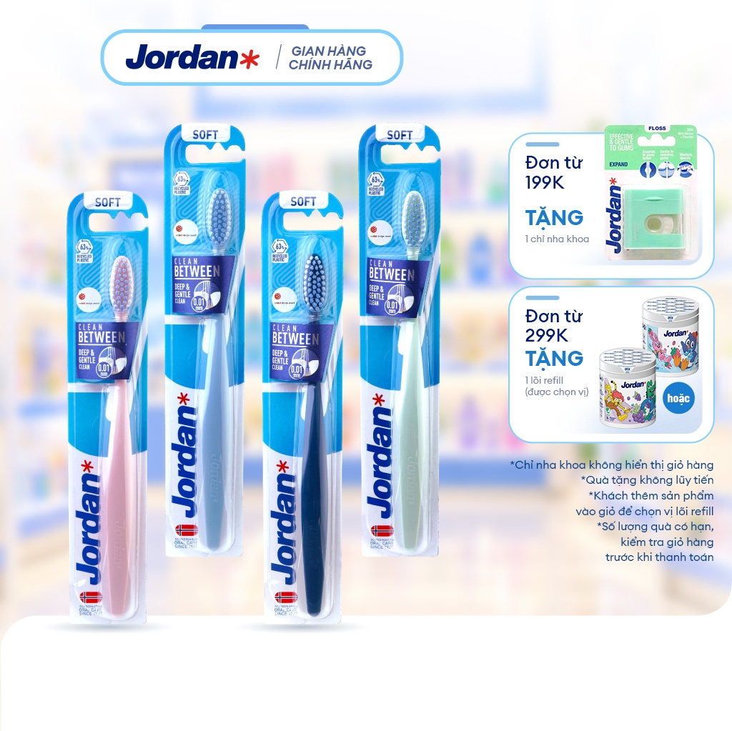 Combo 4 bàn chải đánh răng Jordan Clean Between lông siêu mềm 0.01 bảo vệ nướu nhạy cảm