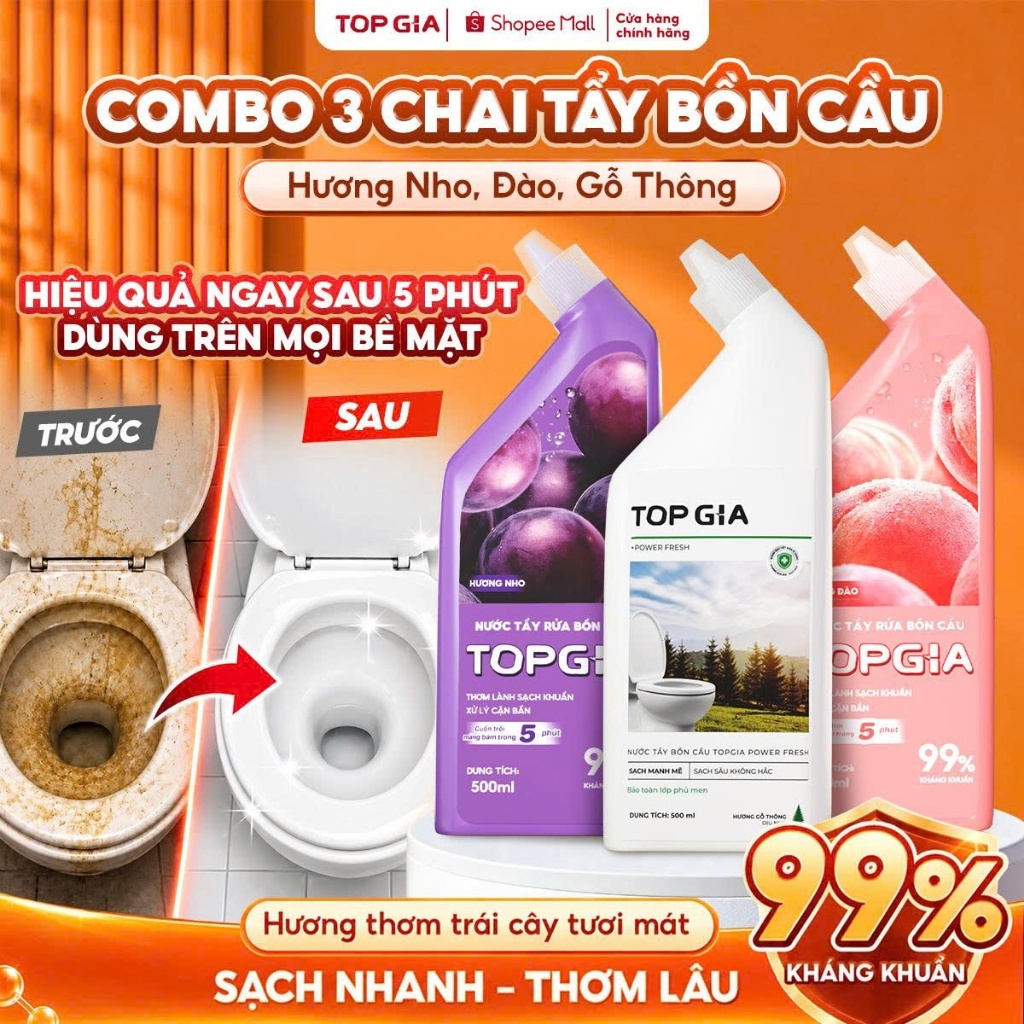 Nước Tẩy Bồn Cầu TopGia Hương Gỗ Thông, Hương Đào, Hương Nho, Sạch Bẩn Loại Bỏ…