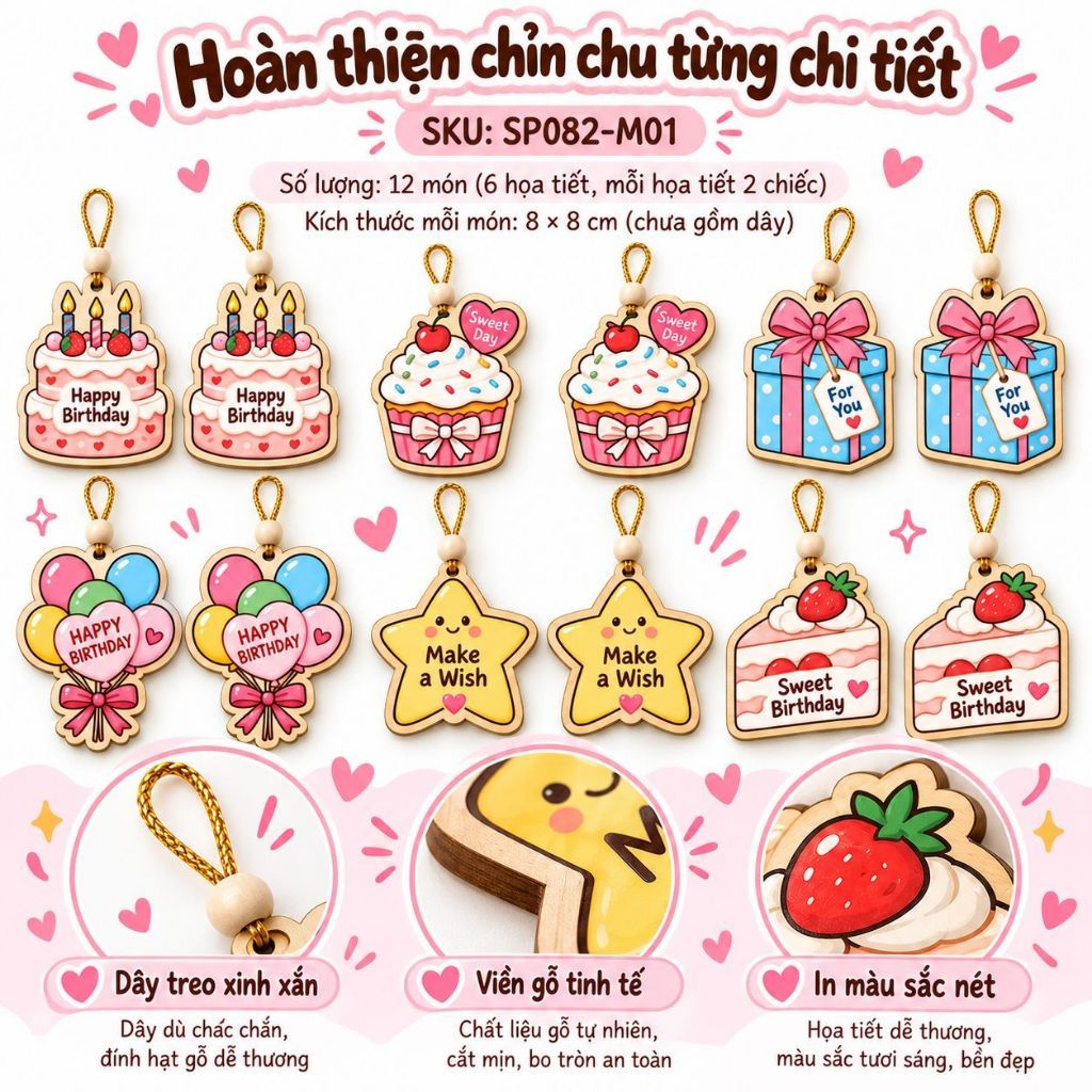 Combo 12 thẻ gỗ trang trí quà sinh nhật — ảnh listing minh họa