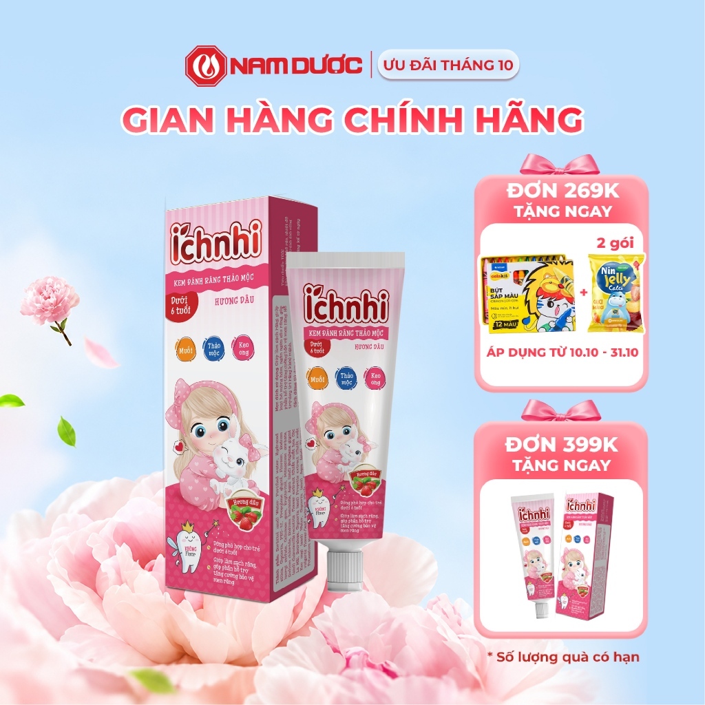 Kem đánh răng thảo mộc Ích Nhi hương dâu dưới 6 tuổi, Tuýp 50g, ko chứa flour…