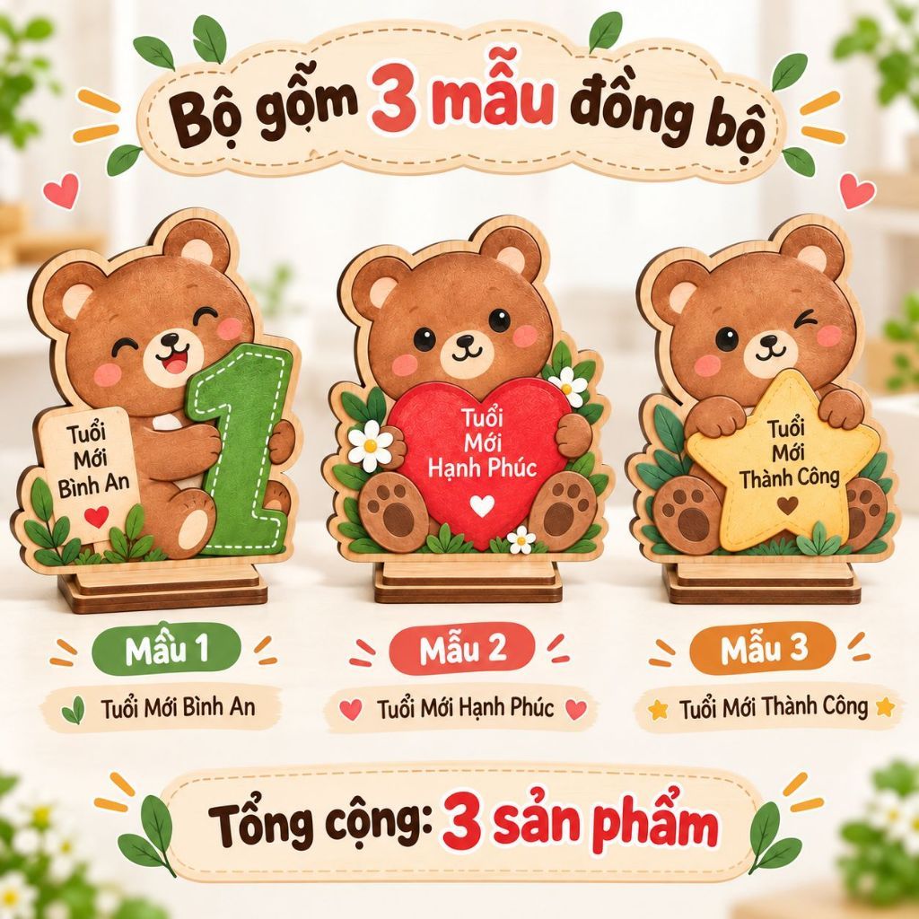 Bộ 3 Số Tuổi Và Linh Vật Gỗ Để Bàn 20x20cm Kèm Chân Đế — ảnh listing minh họa