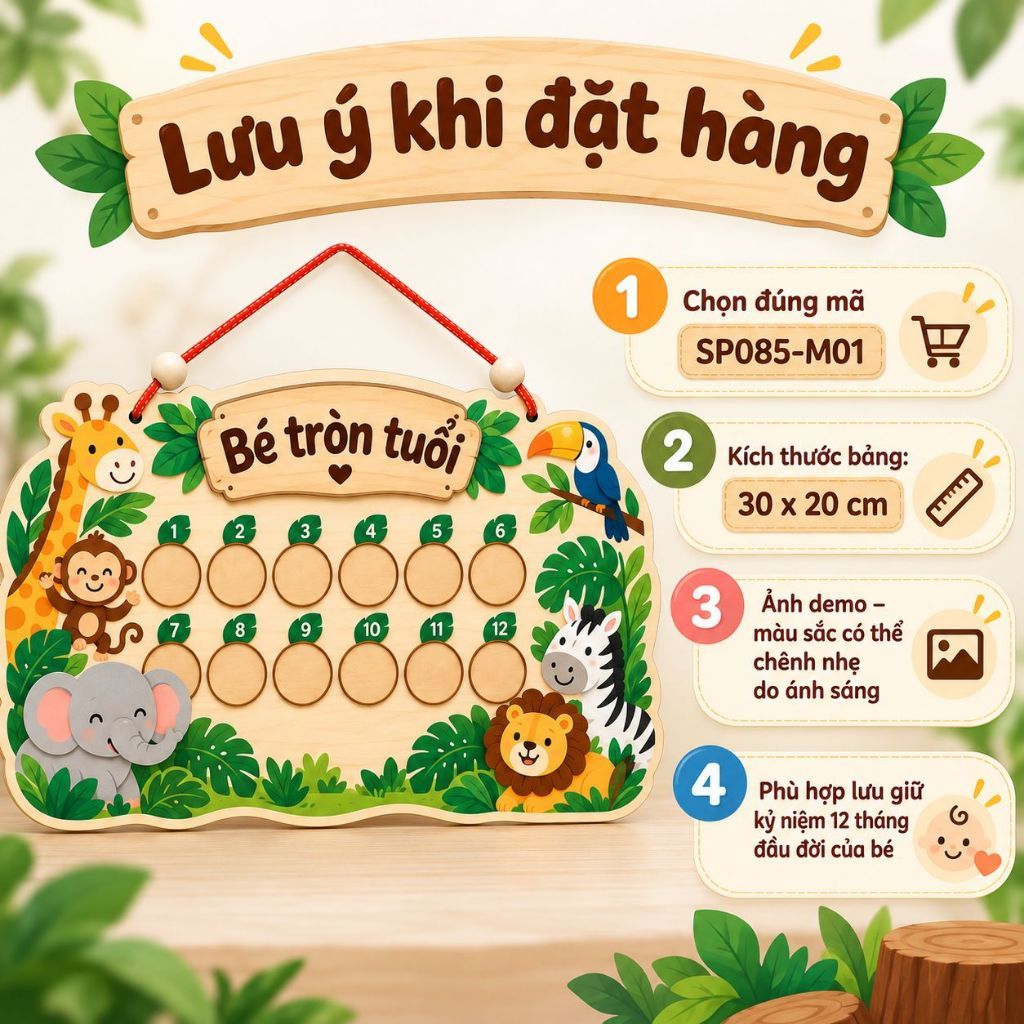 Bảng gỗ kỷ niệm bé tròn tuổi 30 x 20 cm — ảnh listing minh họa