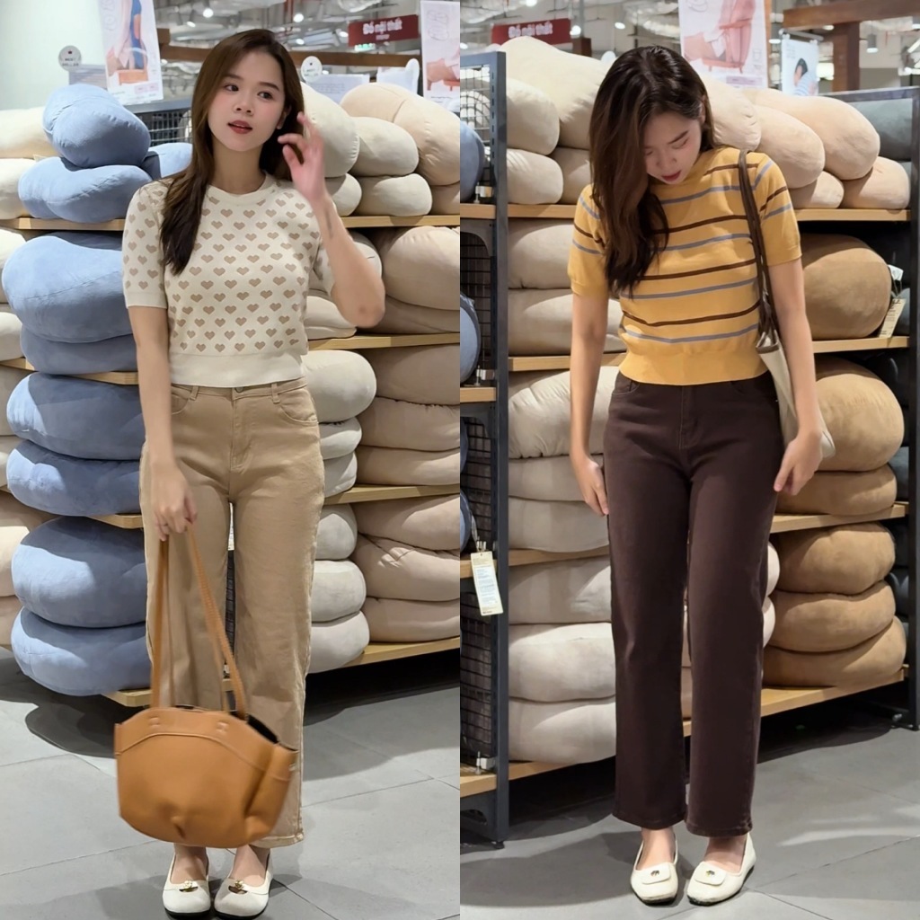 LEDA Jeans - Quần jean ống đứng LAI CUỐN co dãn, Quần rin nữ thanh lịch màu be, nâu, đen quần 9 tấc nấm lùn