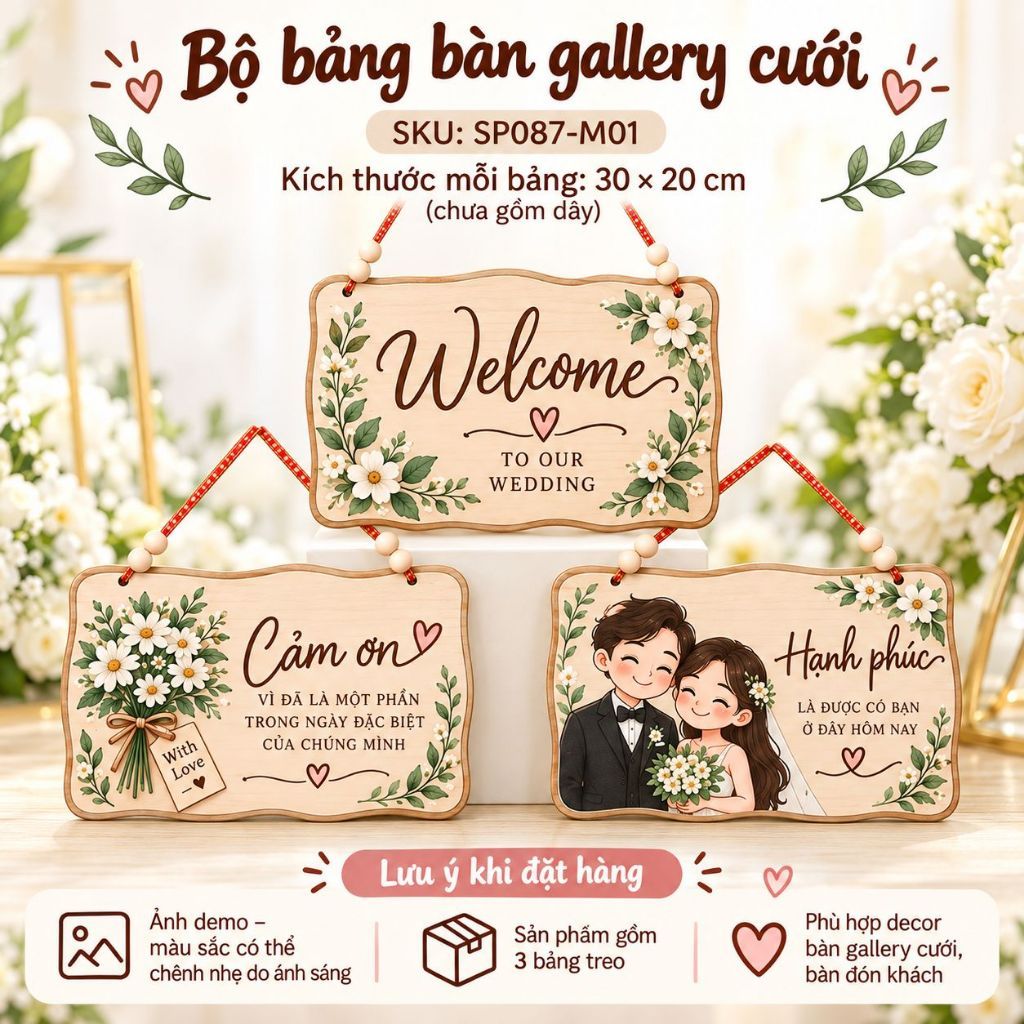 Bộ 3 Bảng Gỗ Trang Trí Bàn Gallery Cưới 30x20cm Có Dây — ảnh listing minh họa