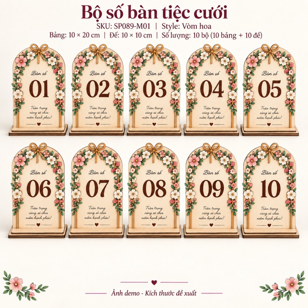 Bộ 10 Bảng Số Bàn Tiệc Cưới Gỗ 01-10 10x20cm Kèm Chân Đế — ảnh listing minh họa