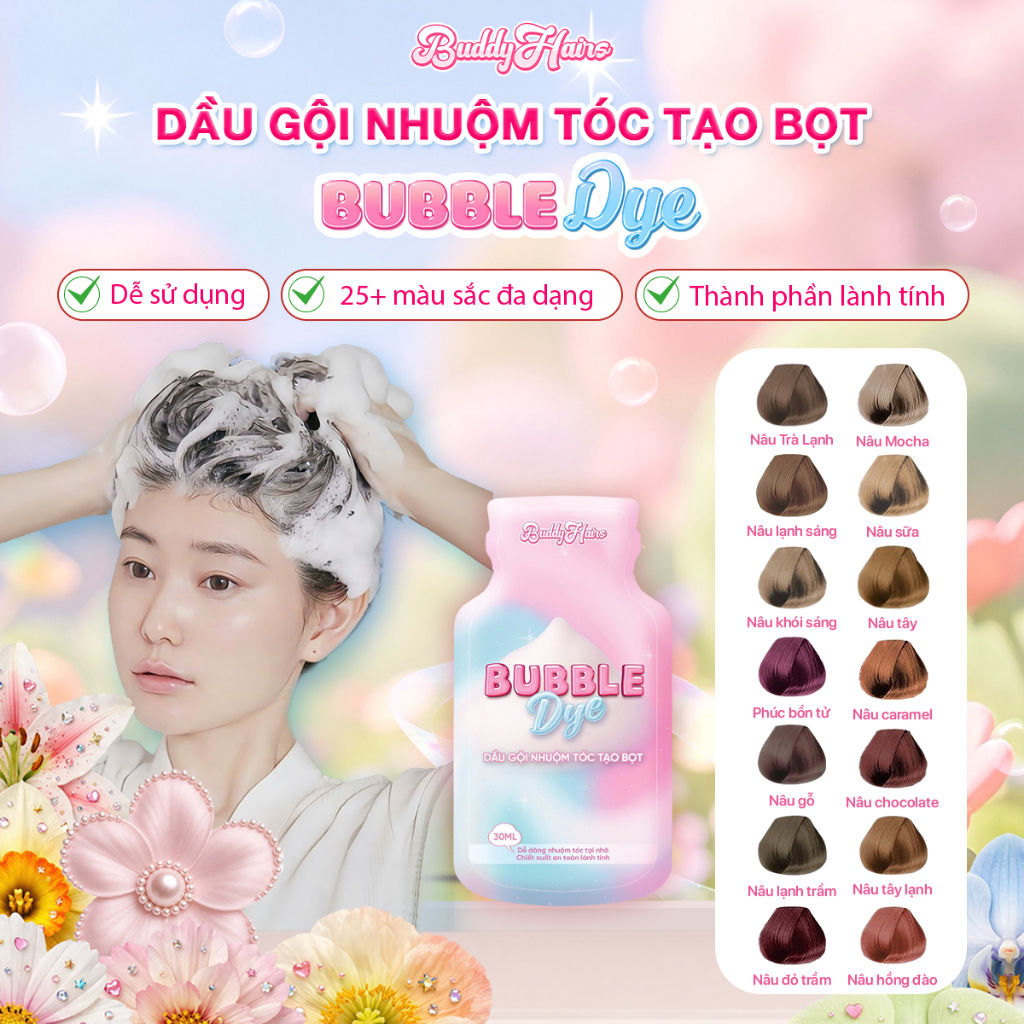 Dầu gội nhuộm tóc tạo bọt, thuốc nhuộm tóc tạo bọt Bubble Dye 25+ màu nhuộm đa dạng chiết xuất lành tính Buddyhairs