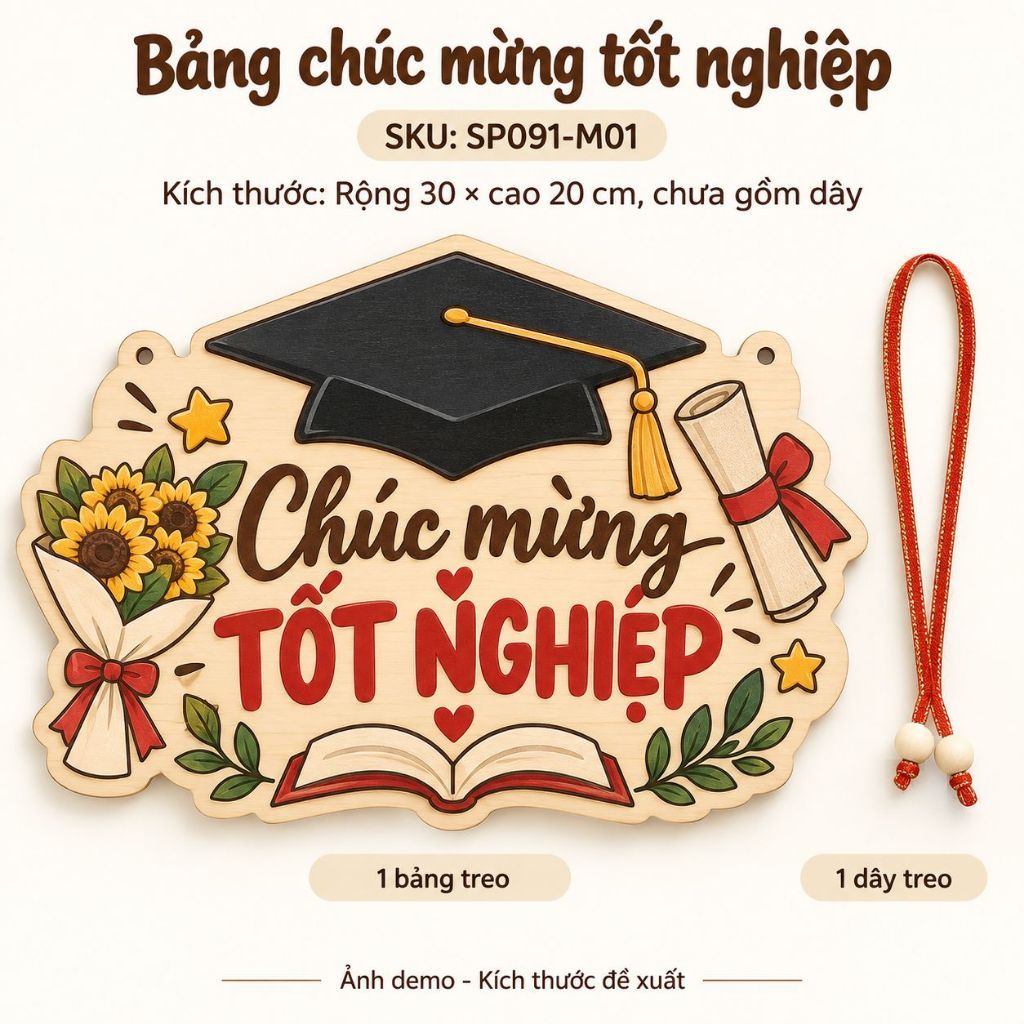 Bảng Gỗ Chúc Mừng Tốt Nghiệp 30x20cm Có Dây Khắc Tên — ảnh listing minh họa