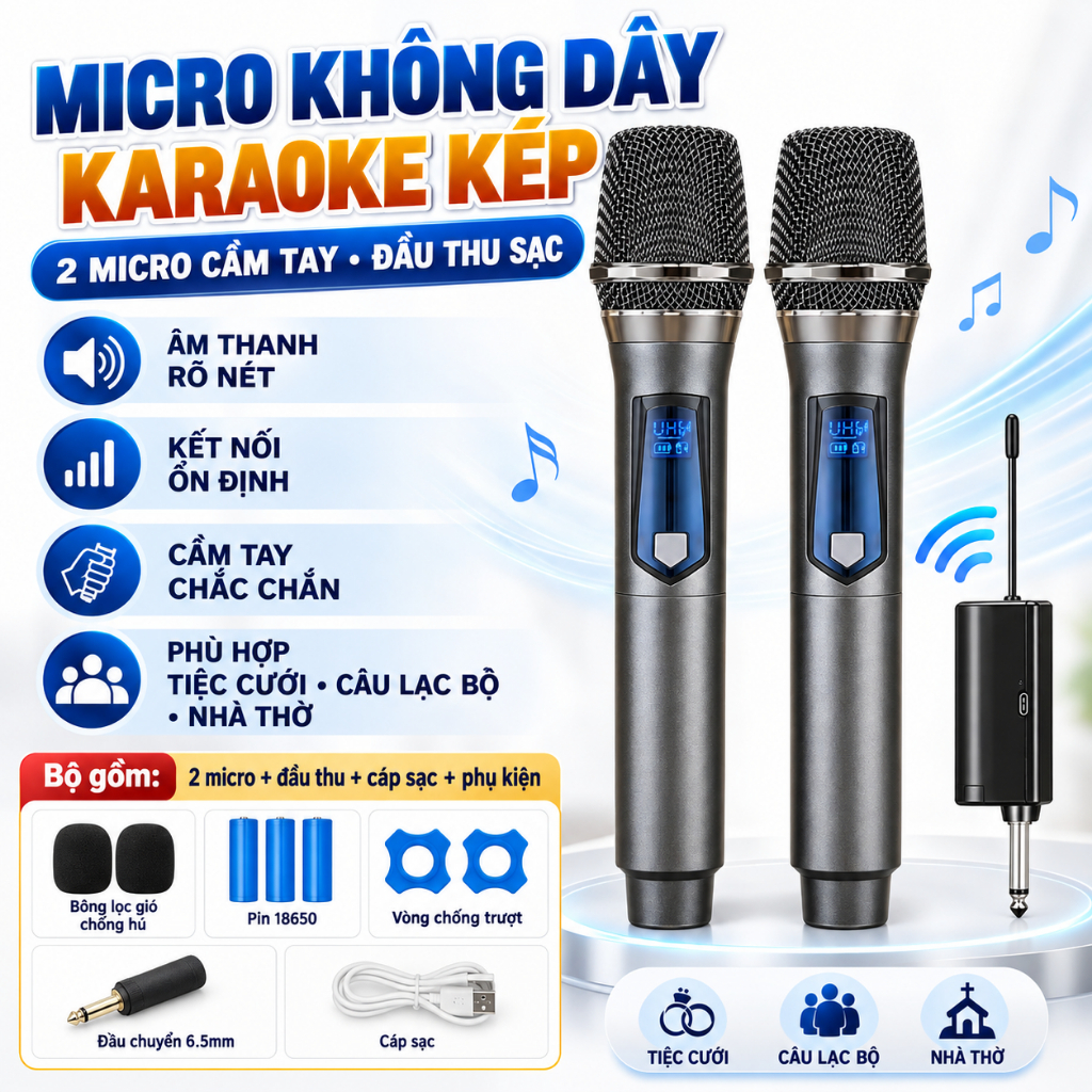 Micro không dây Micro Karaoke năng động cầm tay kép có đầu thu sạc cho bữa…