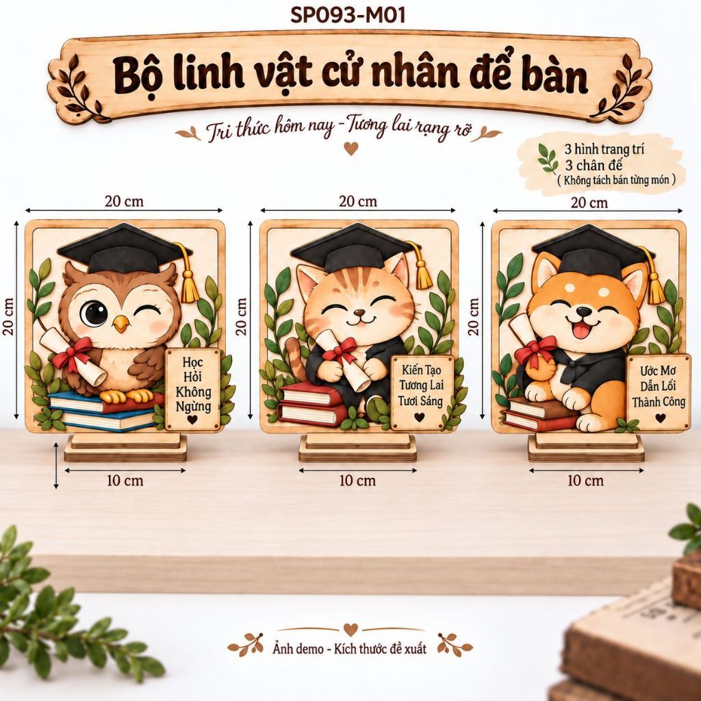 Bộ 3 Linh Vật Cử Nhân Gỗ Để Bàn Kèm Chân Đế — ảnh listing minh họa