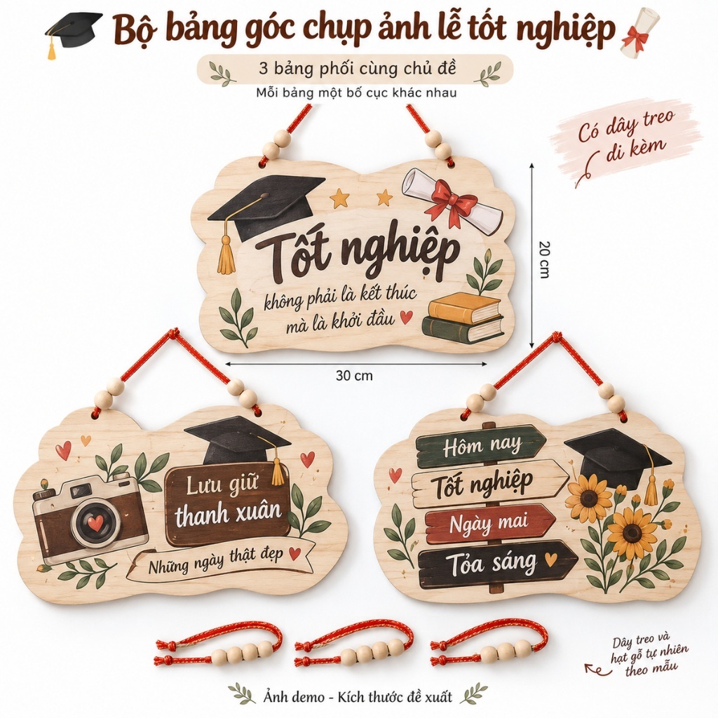 Bộ 3 Bảng Gỗ Trang Trí Góc Chụp Ảnh Lễ Tốt Nghiệp 30x20cm Có Dây — ảnh listing minh họa