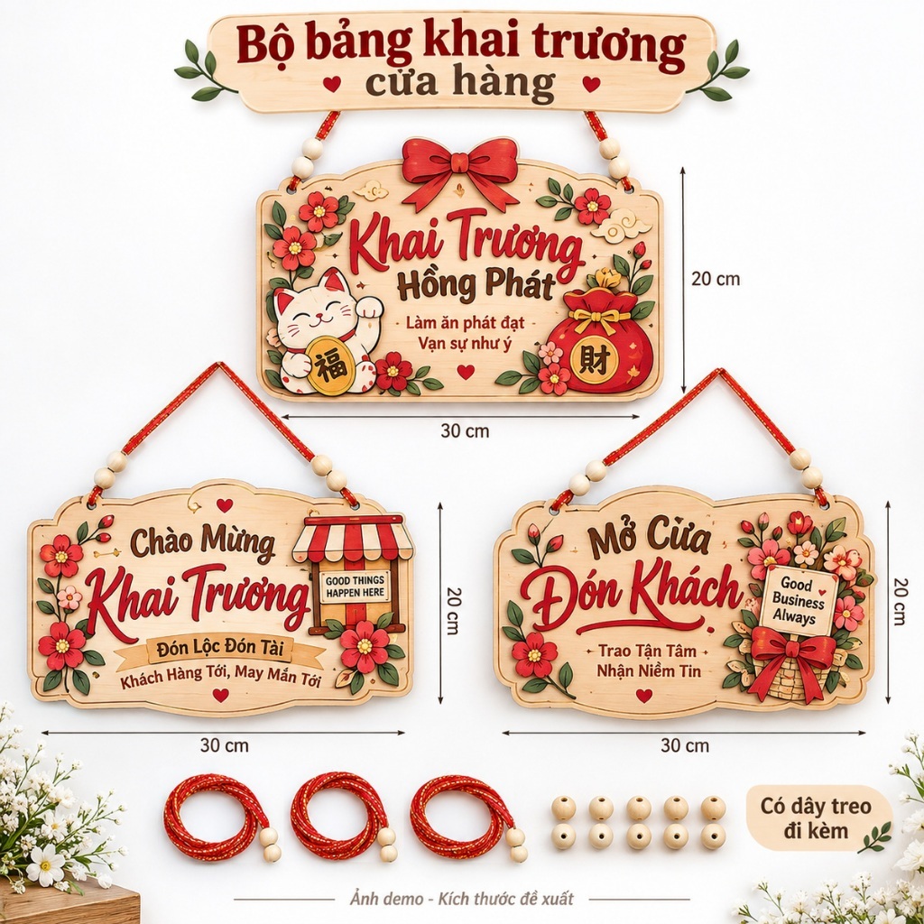 Bộ 3 Bảng Gỗ Chúc Mừng Khai Trương 30x20cm Có Dây — ảnh listing minh họa