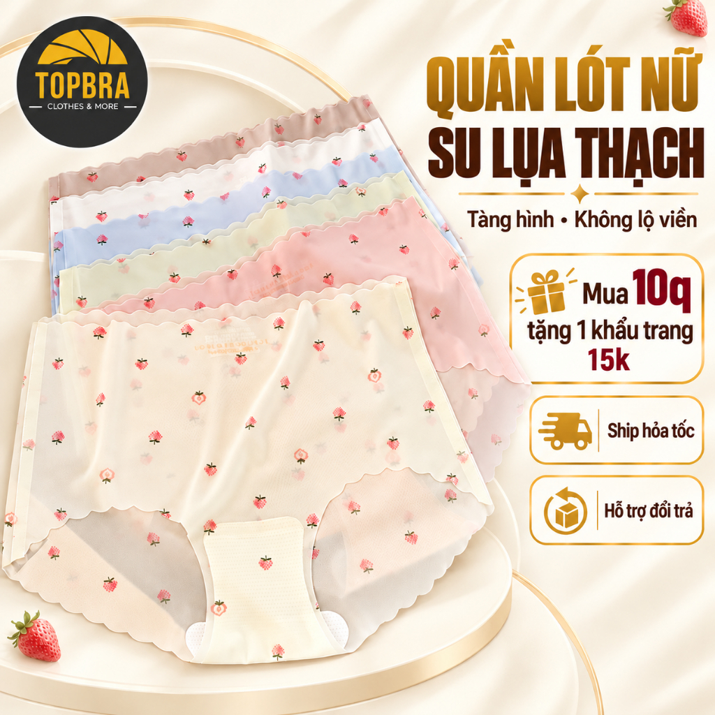 SET 5-10 Quần Lót Nữ Su Lụa Thạch Tàng Hình, Không Lộ Viền, Mềm Mát Mịn Dâu Tây Chính TOPBRA