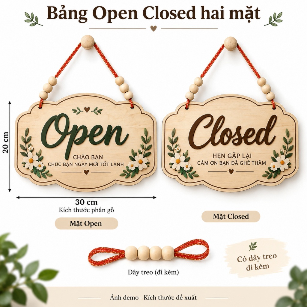 [MYTHICA] Bảng gỗ Open Closed hai mặt 30 x 20 cm — ảnh listing minh họa