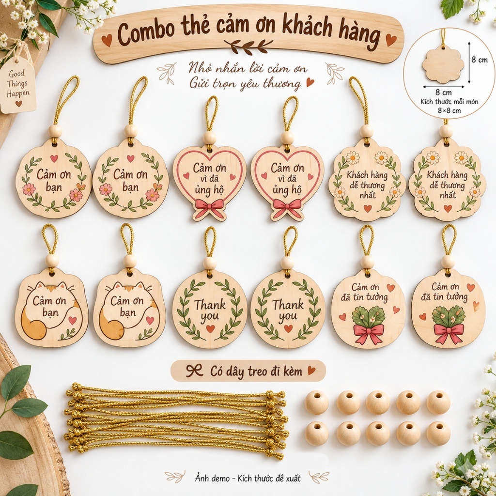 Bộ 12 thẻ gỗ cảm ơn khách hàng — ảnh listing minh họa