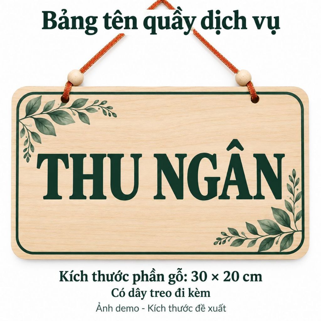 Bảng gỗ tên quầy dịch vụ có dây treo — ảnh listing minh họa