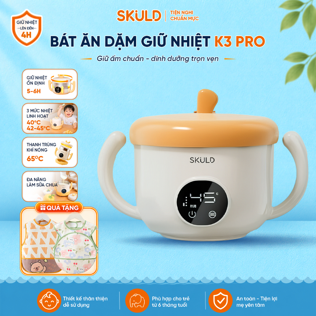 Bát Ăn Dặm Giữ Nhiệt K3PRO SKULD - Bình Tích Điện Chống Nước IPX7 Ủ Cháo, Làm Ấm 3 Chiều, Khử Khuẩn Cho Bé