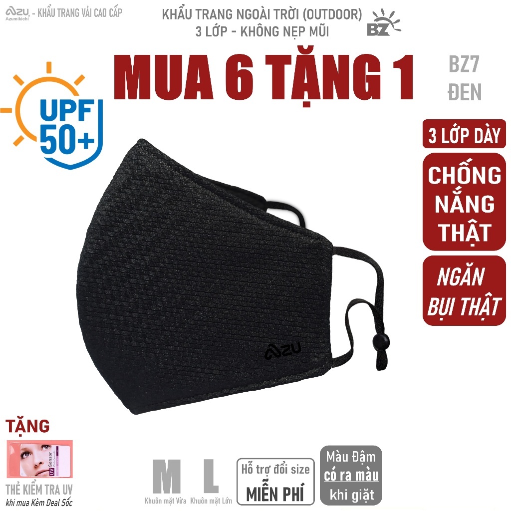 Khẩu trang vải chống nắng 3 lớp Mũi chống Tia UV chống Bụi Mịn màu Đen giặt lại được Azumikichi BZ7