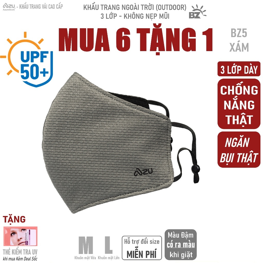 Khẩu trang vải chống nắng 3 lớp chống Tia UV chống bụi mịn không nẹp mũi màu Xám Chì Azumikichi BZ5